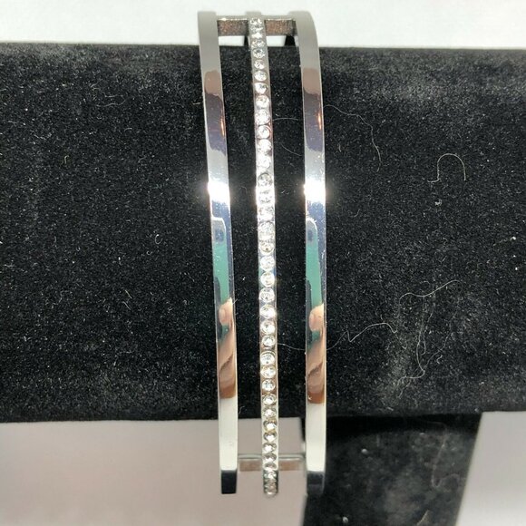 Silver-Tone Open Cuff Bracelet With Rhinestone Accent - Picture 2 of 5